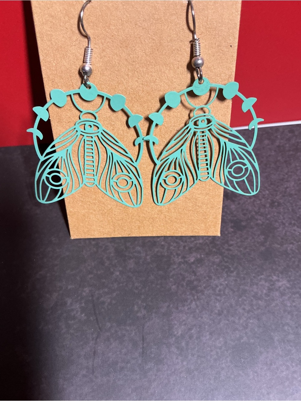 Sage Green Lunar Moth Earrings - Picture 2 of 2
